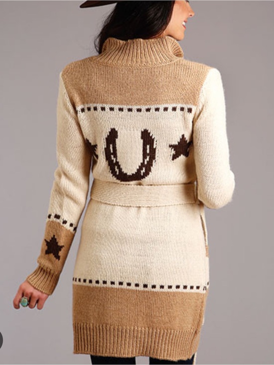 Stetson Sweaters - Stetson Cream & Tan Horseshoe Star Belted Cardigan